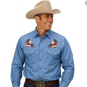 Plains Men’s Western Pearl Snap Shirt Blue – Black Onyx Snaps Cowboy Style